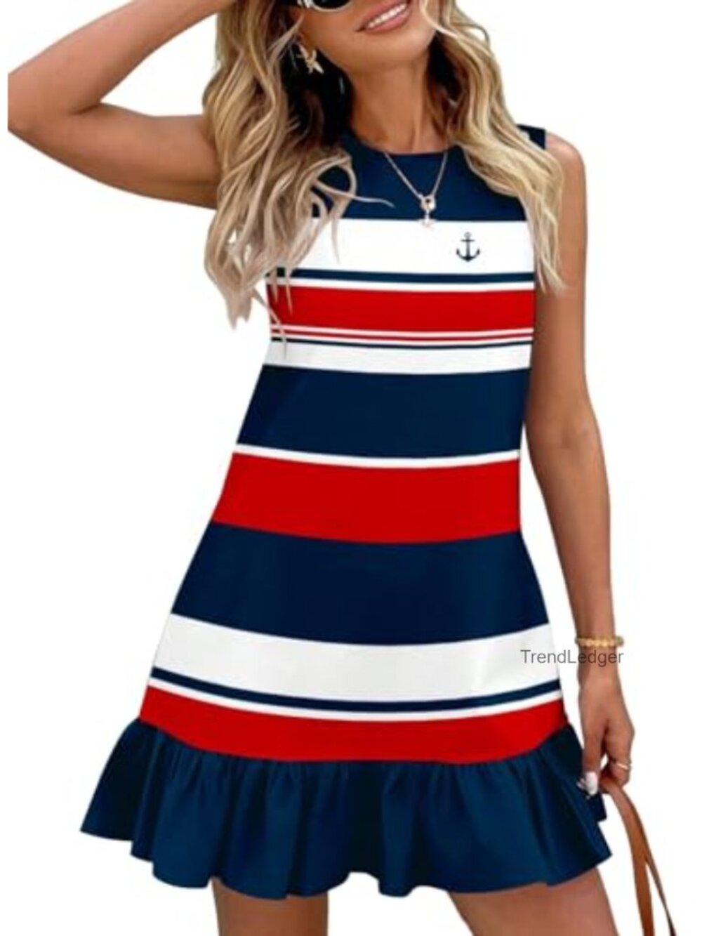 Sleeveless Striped Sundress with Anchor Embroidery Ruffled Hem